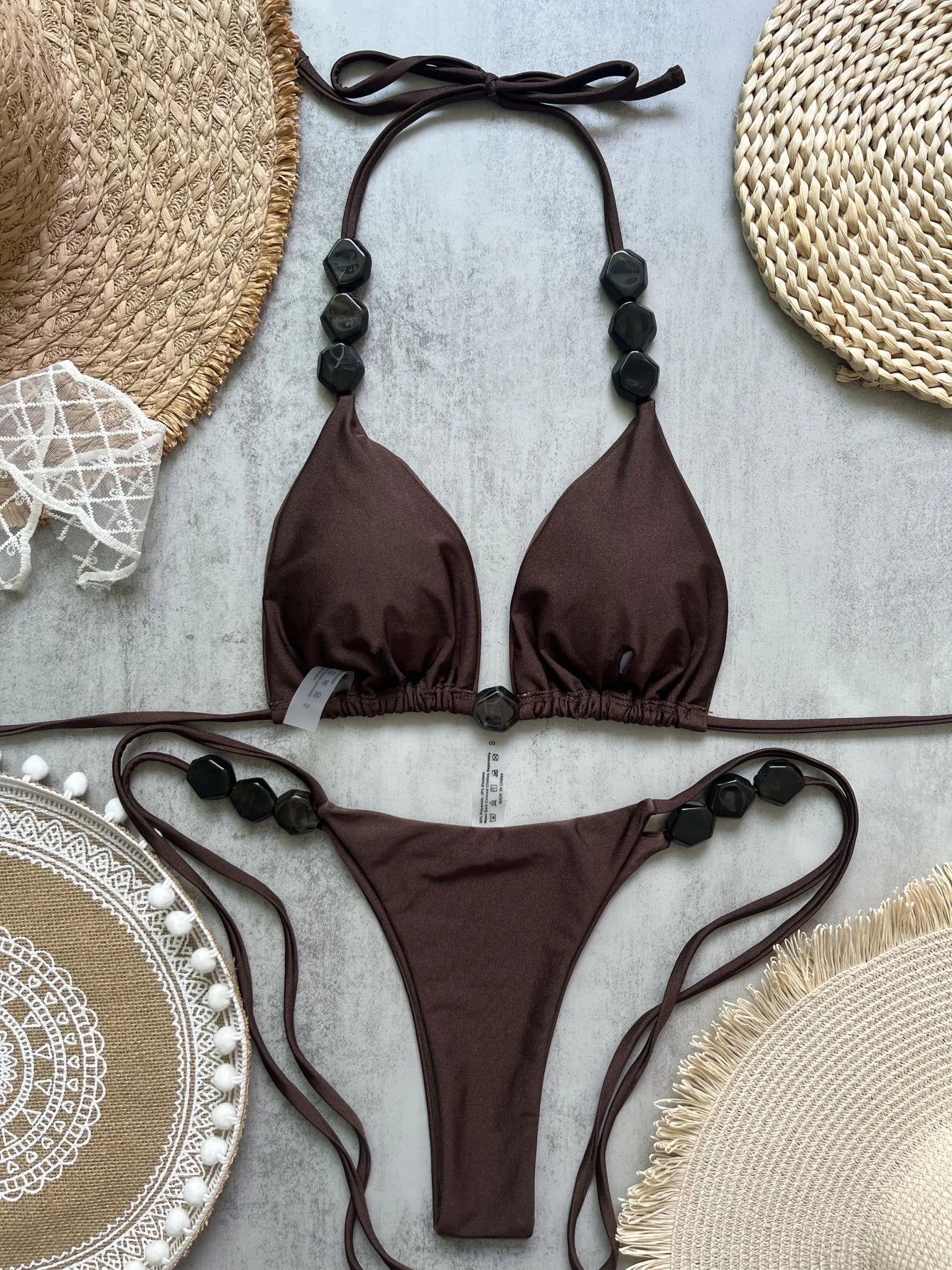 Costume da bagno bikini sexy con perline 2026 da donna, set bikini halter con scollo a V, abbigliamento da spiaggia estivo