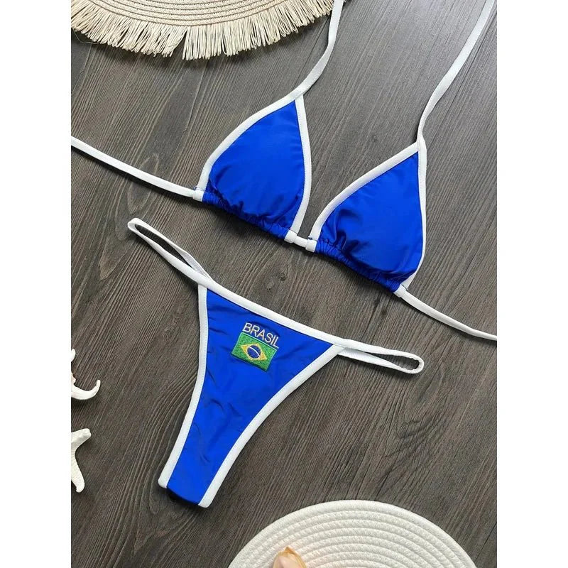 Costume da Bagno Bikini Brasiliano Ricamato a Contrasto con Patchwork per Donna - Set Estivo da Spiaggia