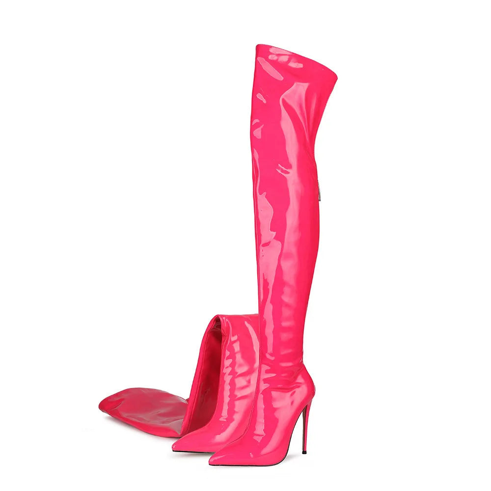 New Sexy Fashion Patent Leather Women Over Knee Boots Black White Long Boots Ladies Pointed Toe Classic High Heels Shoes Large