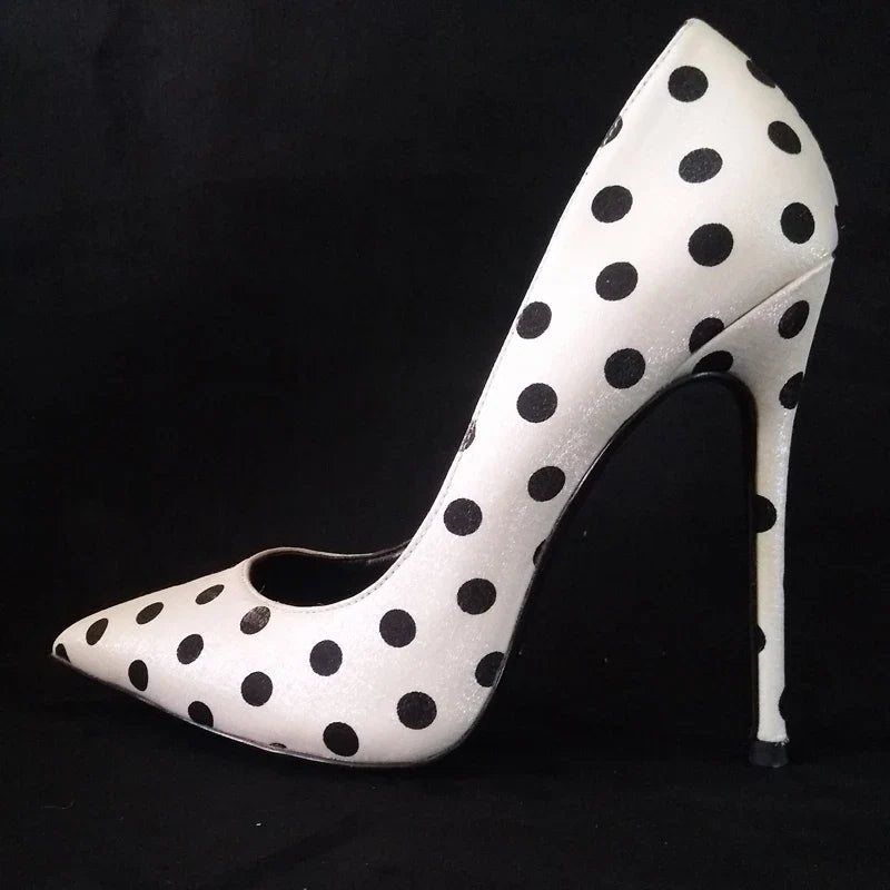New round polka dot silk high heels with pointed toe, shallow mouth, thin heel 12cm Sexy French Girl Single Shoes