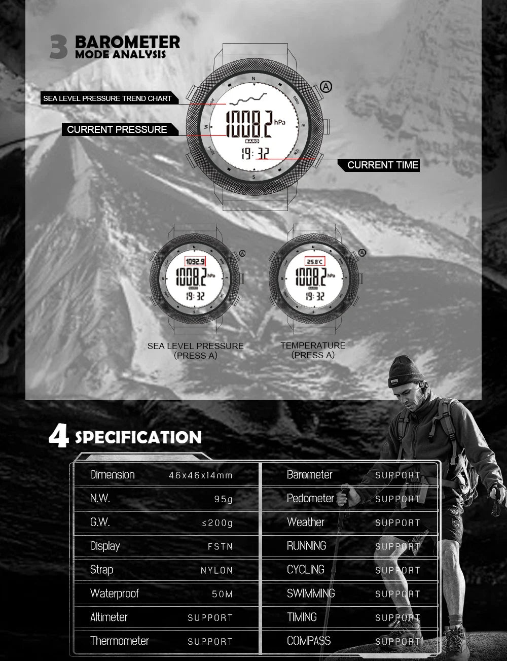 NORTH EDGE APACHE-46 Orologio digitale da uomo Sport all'aria aperta Corsa Nuoto Orologi sportivi all'aria aperta Altimetro Barometro Bussola WR50M