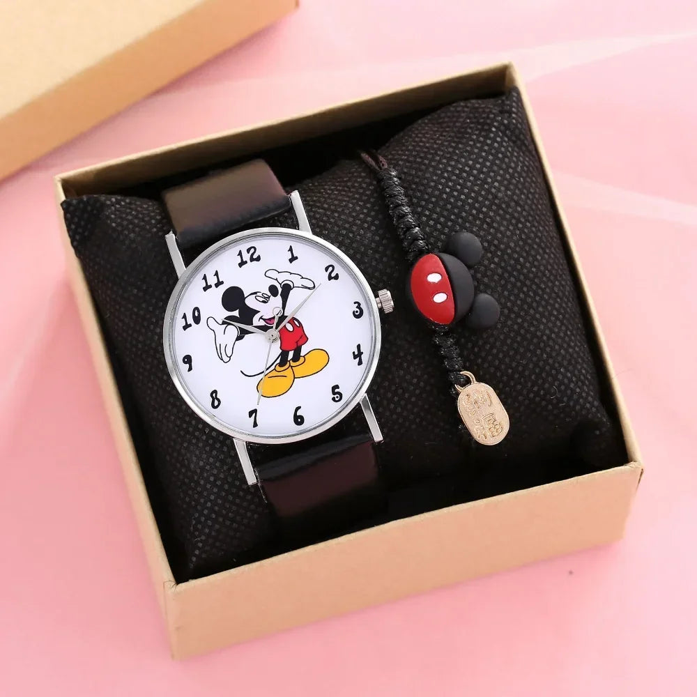 Nuovo set di braccialetti per orologi da donna Disney per bambini Confezione regalo Moda Topolino Orologi da cartone animato per bambini Bracciali da donna con scatola