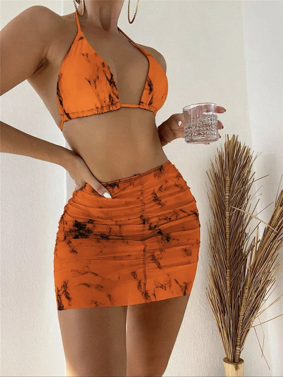 3 pezzi perizoma Bikini con gonna marmo texture costume da bagno donna costume da bagno Set costumi da bagno femminili abbigliamento da spiaggia nuoto estate