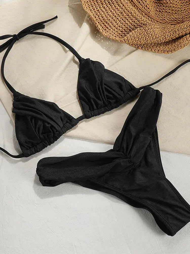 Set Bikini Sexy con Pieghe, Micro Bikini Tinta Unita, Costume da Bagno Femminile a Triangolo, Abbigliamento da Spiaggia