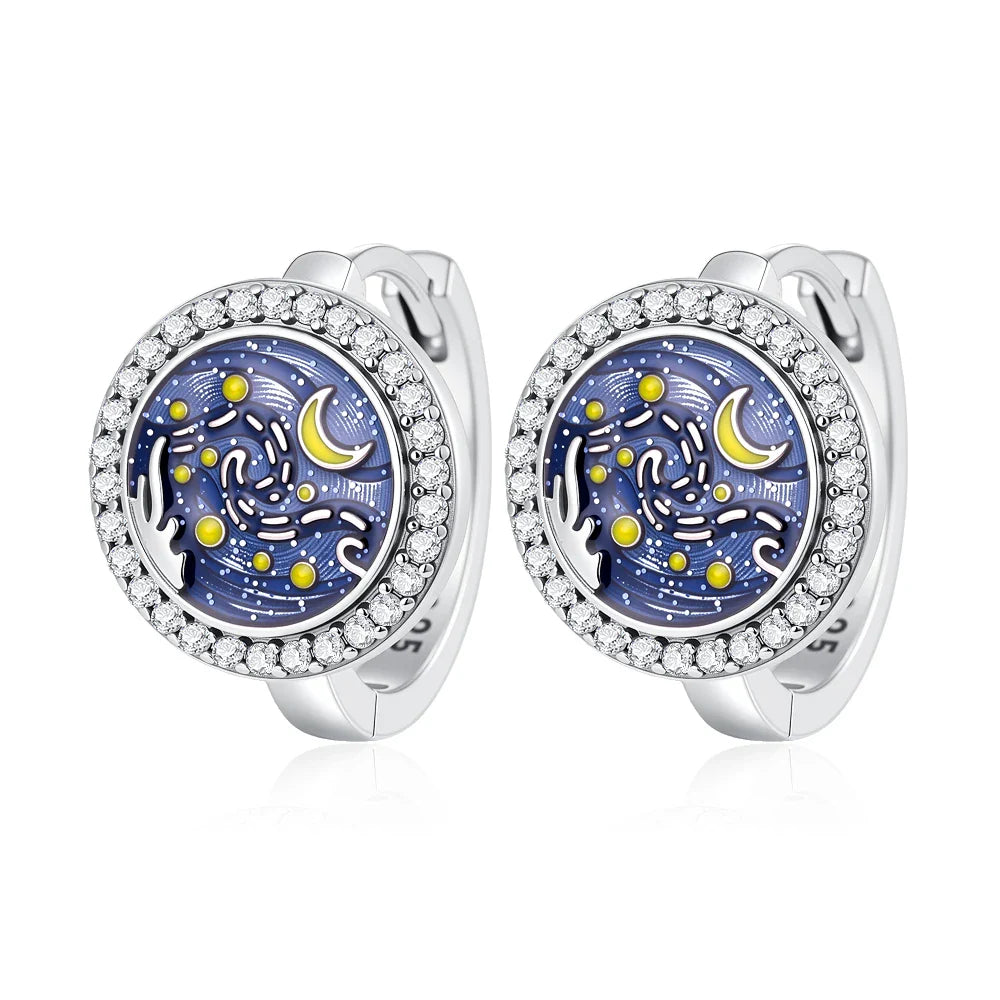 2025 Orecchini a cerchio in cristallo per le donne Orecchini gioielli Farfalla rosa Bule Moon Star Orecchini originali in argento sterling 925