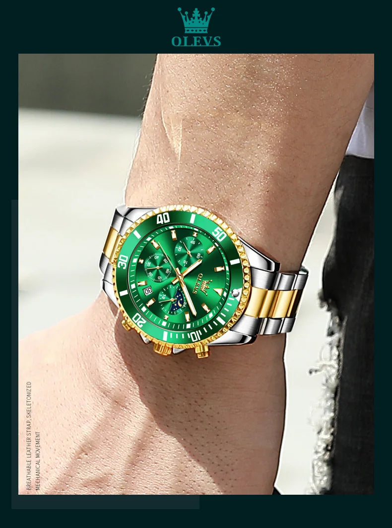 OLEVS Orologi da uomo Orologio di lusso delle migliori marche da uomo Cronografo originale impermeabile in acciaio inossidabile Fasi lunari Data Quadrante Rota