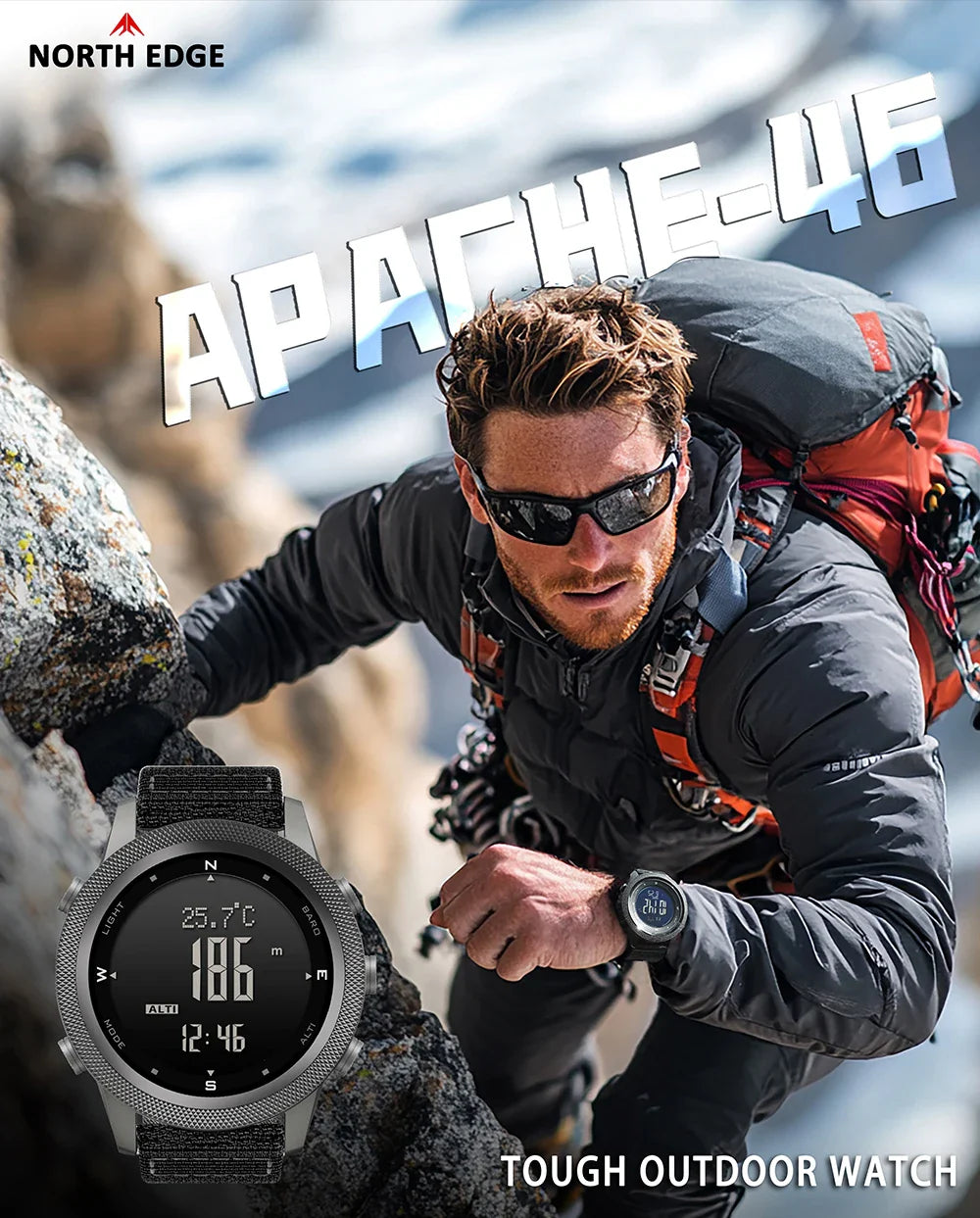 NORTH EDGE APACHE-46 Orologio digitale da uomo Sport all'aria aperta Corsa Nuoto Orologi sportivi all'aria aperta Altimetro Barometro Bussola WR50M