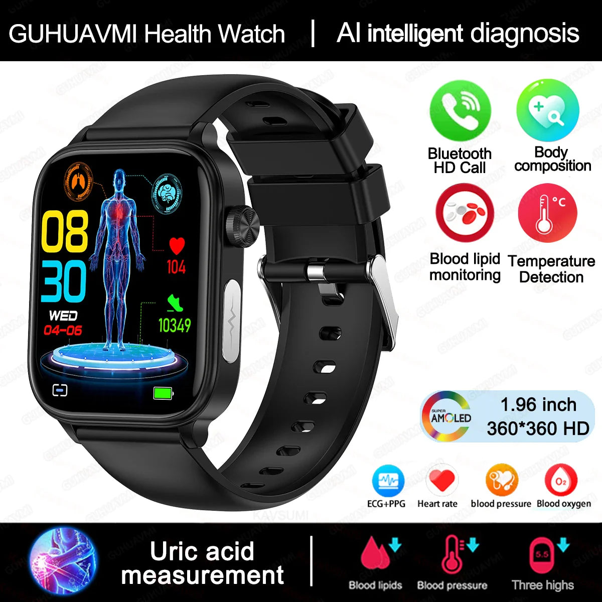 2025 Nuovo AI Diagnosi Lipidi nel sangue Acido urico Test di composizione corporea Smart Watch per uomo ECG + PPG Chiamata Bluetooth Salute Smartwatch