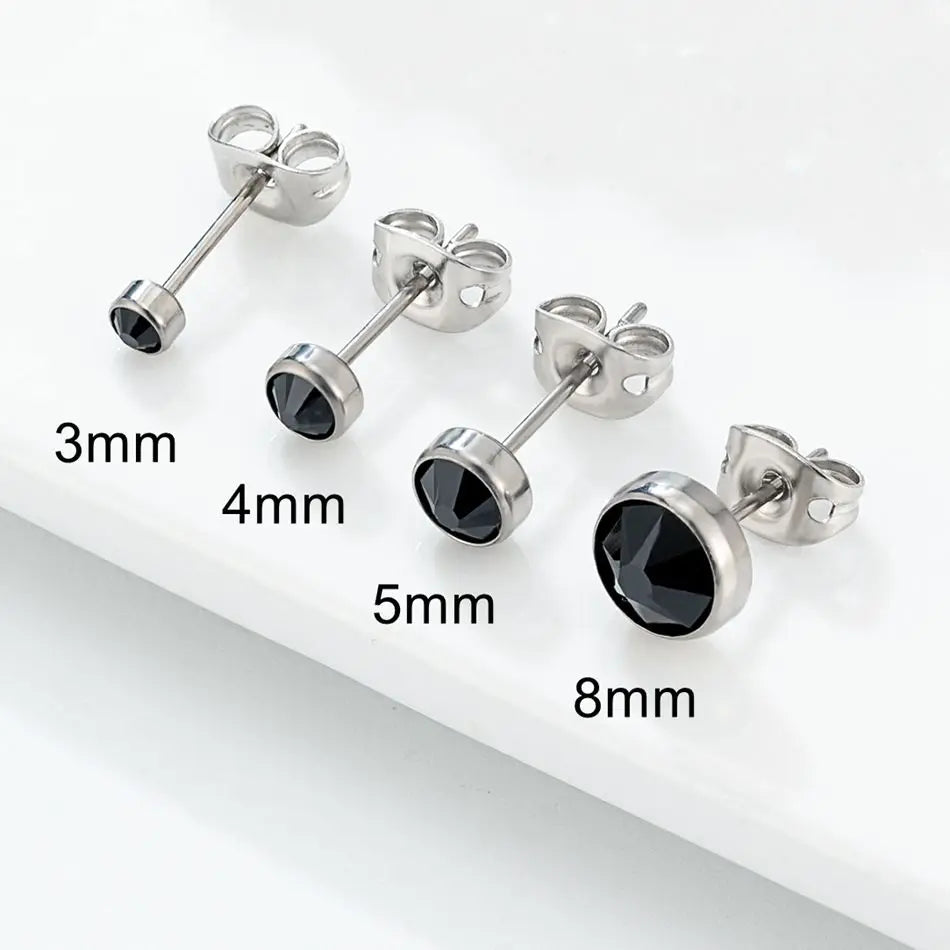 Orecchini Ipoallergenici in Titanio G23 per Uomo e Donna, con Cristalli Neri, 3mm 4mm 5mm 8mm