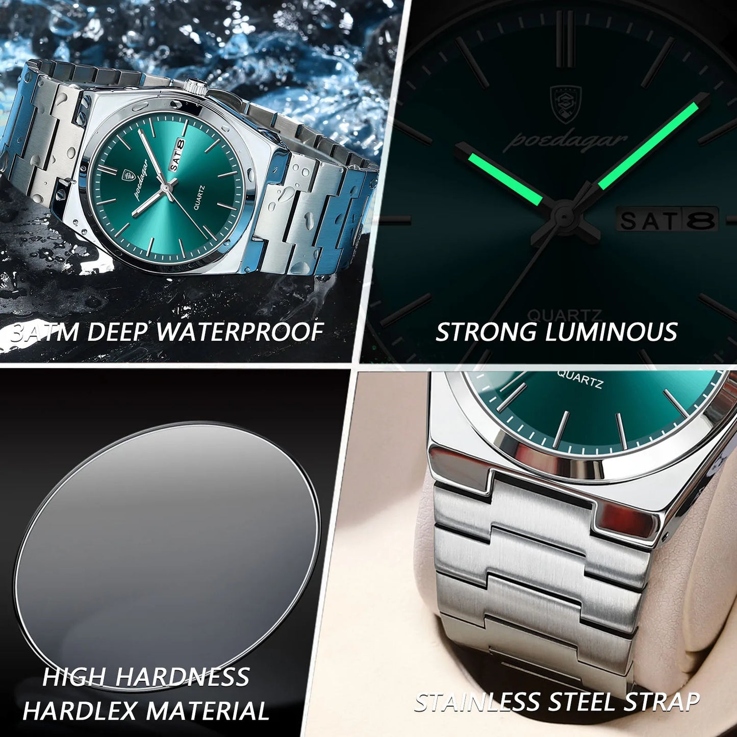 POEDAGAR Orologi da uomo di lusso Impermeabile luminoso Data Settimana Orologio da uomo in acciaio inossidabile Moda casual Orologio da polso da uomo al quarzo Reloj