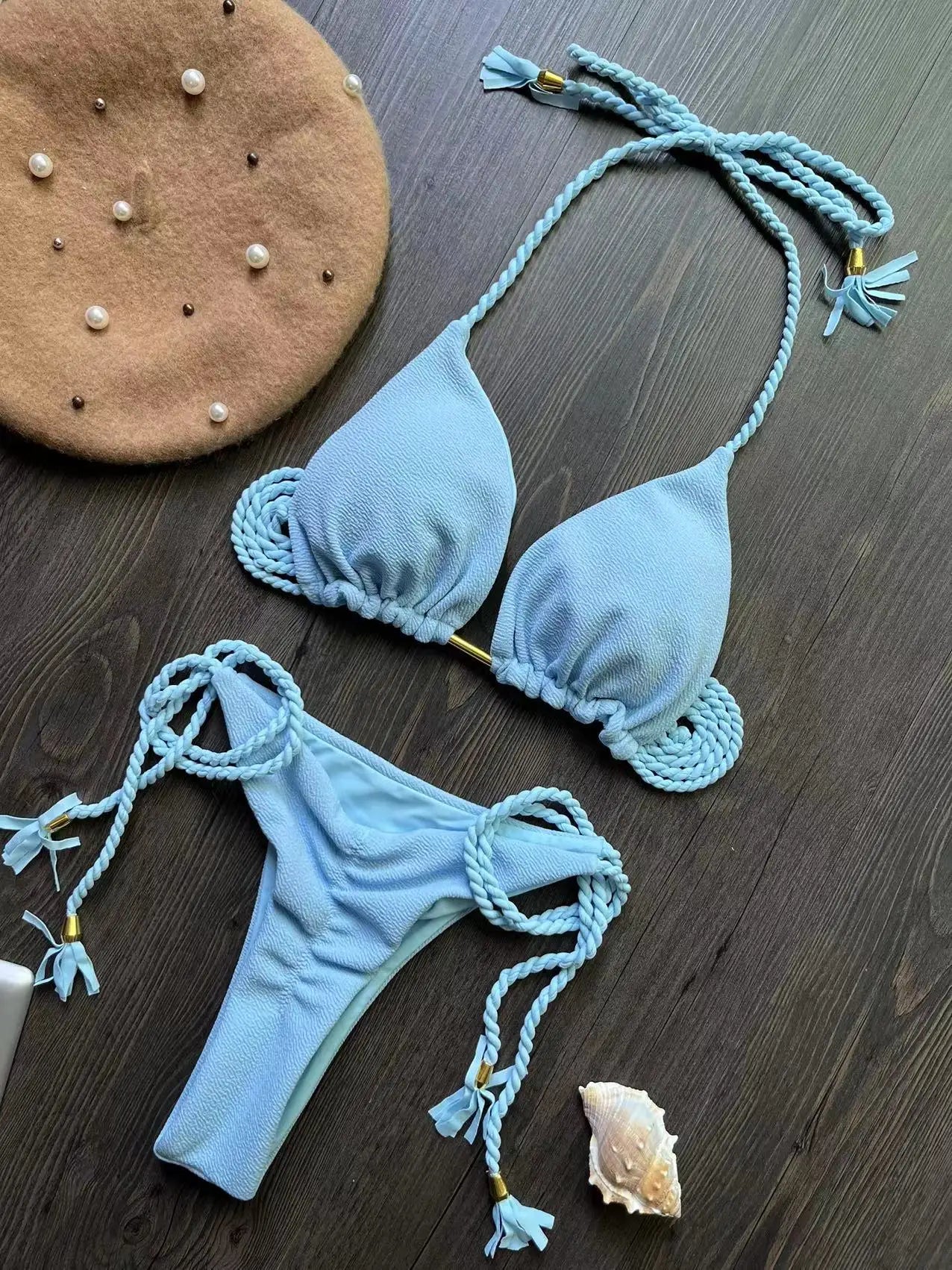Costume da bagno bikini sexy con laccetti intrecciati, due pezzi, triangolare, stile brasiliano.