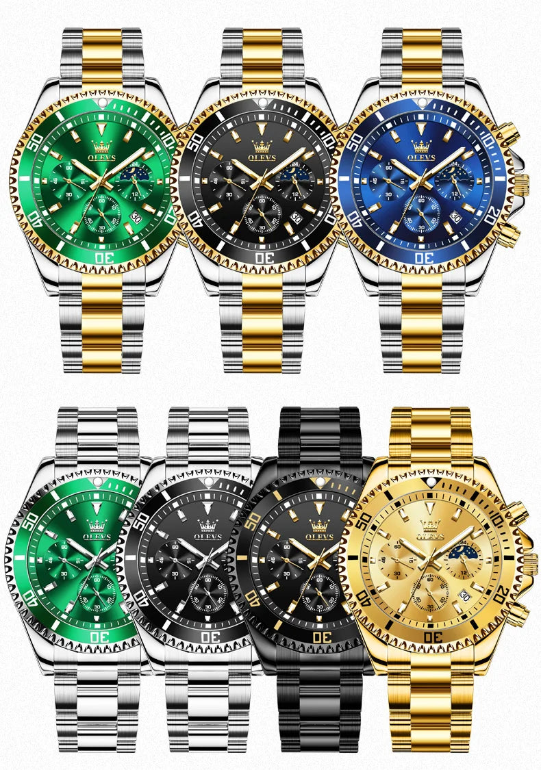 OLEVS Orologi da uomo Orologio di lusso delle migliori marche da uomo Cronografo originale impermeabile in acciaio inossidabile Fasi lunari Data Quadrante Rota