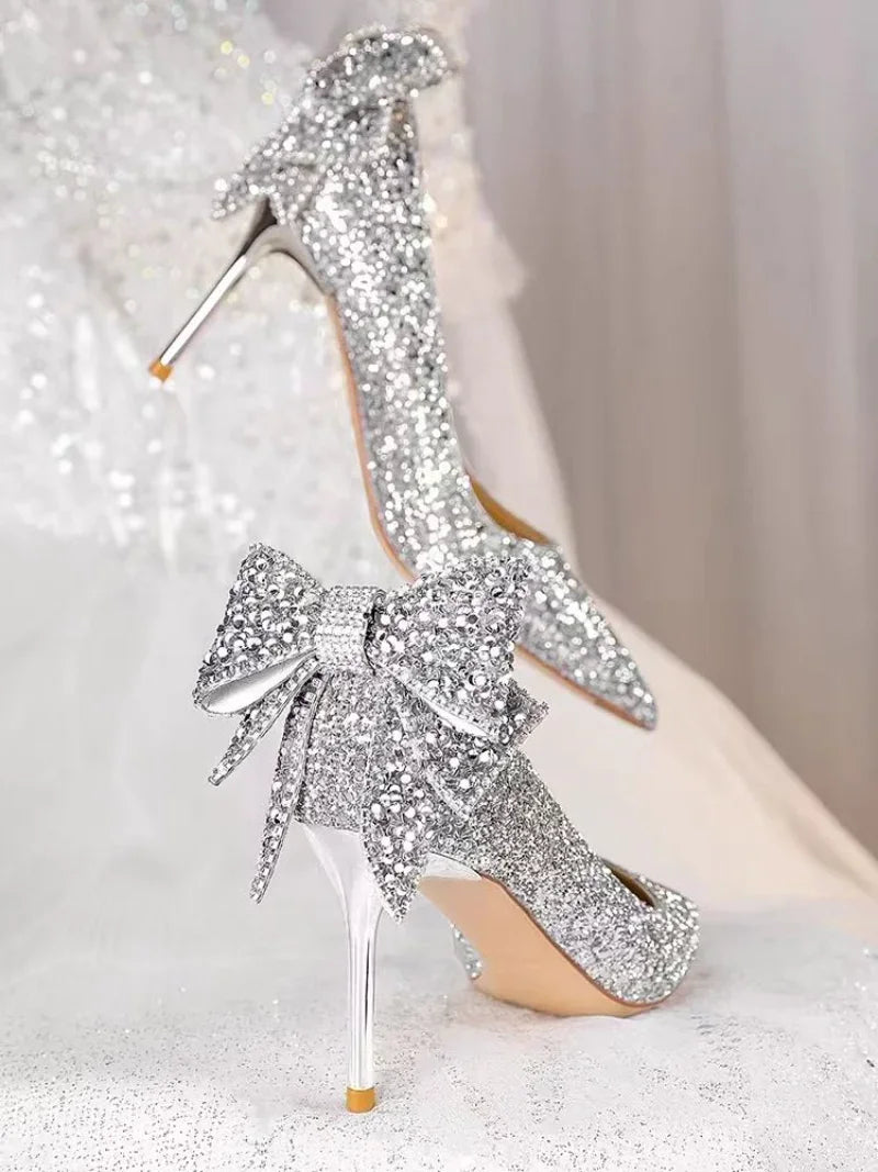 Shoes for Woman 2025 Silver Women's heeled Summer Footwear Wedding Bride Shoe Rhinestone Pointed Toe Super High Heel Diamond