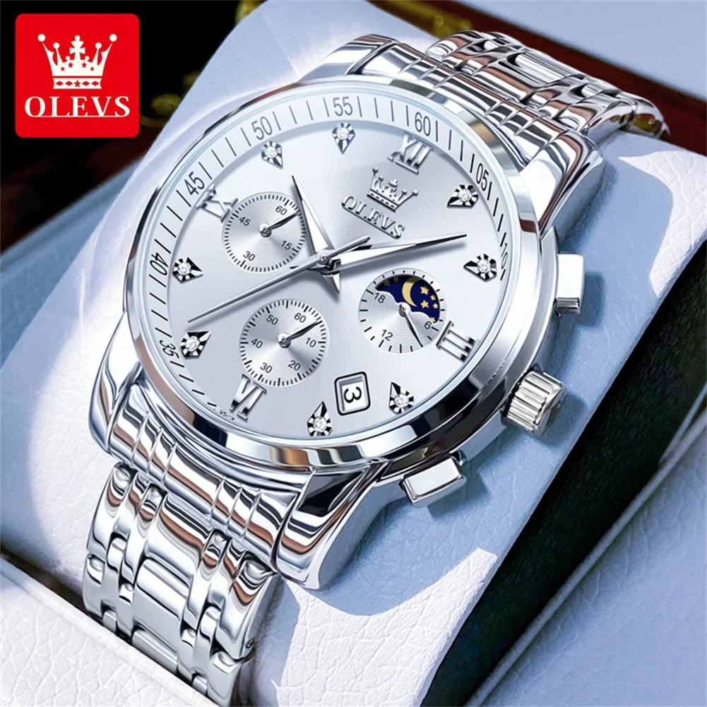 OLEVS 2858 Orologio da Uomo in Acciaio Inossidabile, Impermeabile, Antigraffio, con Fasi Lunari, Luminoso, Cronografo, Orologio da Polso al Quarzo di Lusso