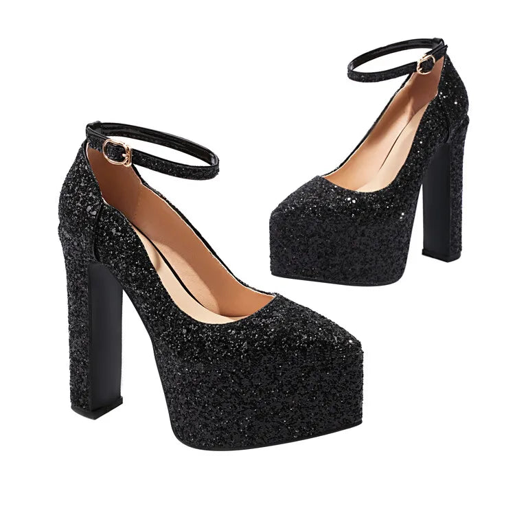 Ochanmeb Bling Bling Silver Gold Glitter Shoes Woman Ultra High Heels Platform Buckle Sequin Red Pumps Ladies Party Prom Wedding