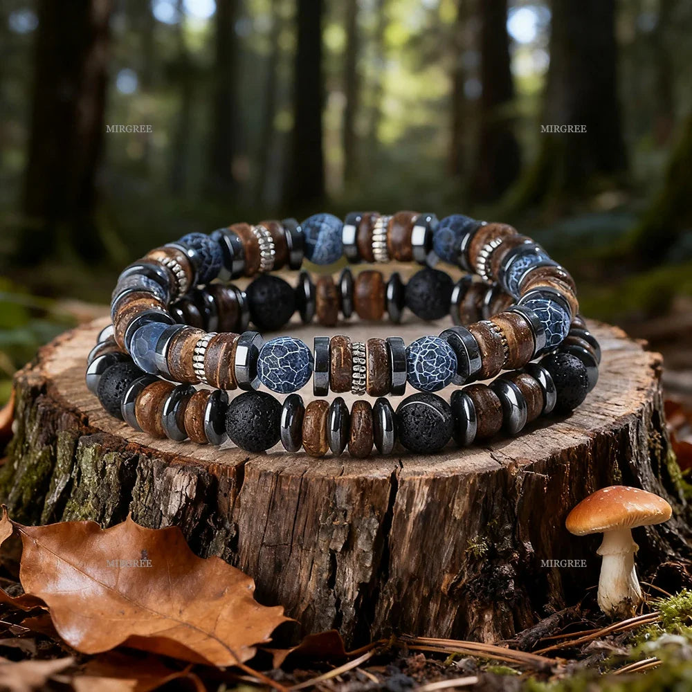Set di braccialetti con perline in pietra naturale da uomo da 2 pezzi, gioielli da uomo in stile retrò fatto a mano all'aperto, regalo da uomo