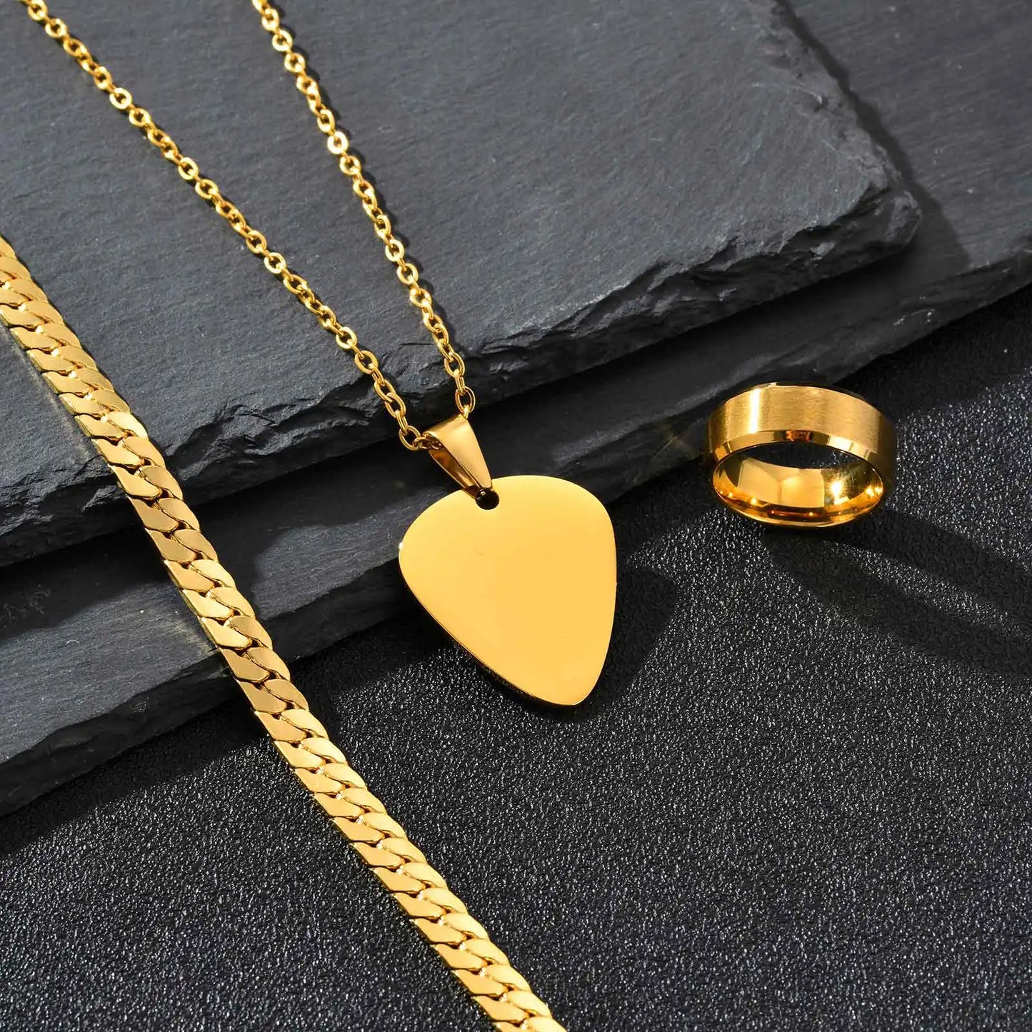 Set di 3 Pezzi: Collana con Ciondolo a Forma di Plettro per Uomo, Bracciale con Catena Cubana Piatta Stile Rock Punk, Set di Gioielli Classici da Uomo, Idea Regalo