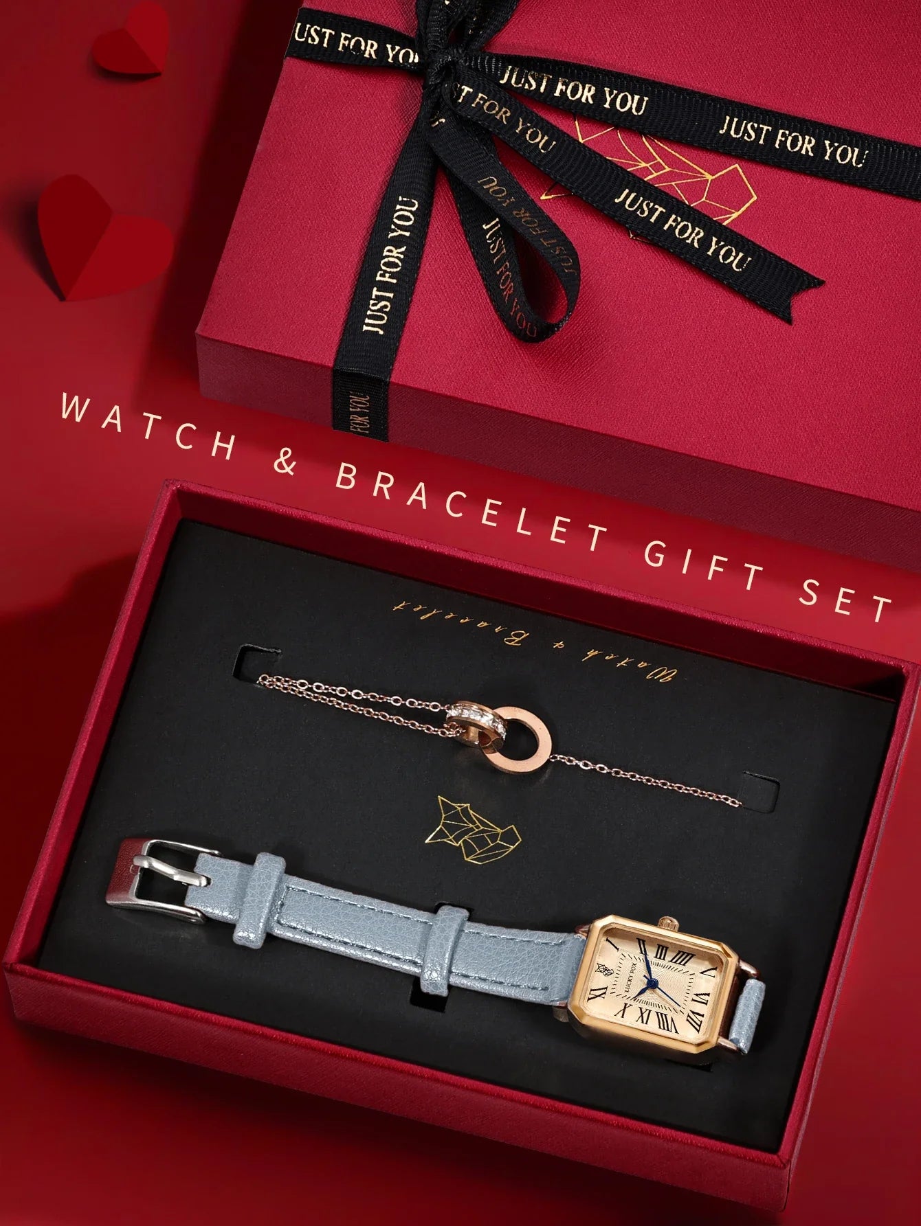 LUCKY FOX 2 pezzi confezione regalo di lusso leggera set braccialetto orologio orologio al quarzo quadrato da donna semplice e alla moda regalo del festival Reloj