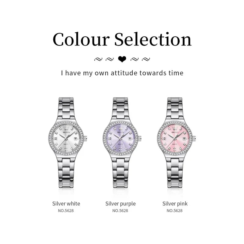 OLEVS 5628 Orologio al quarzo da donna Orologio da polso impermeabile luminoso in acciaio inossidabile con scala di diamanti e funzione data