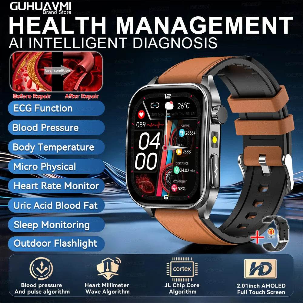 2026 Nuovo 650nm Terapia Laser Grassi nel sangue Acido urico Pressione sanguigna Smart Watch ECG + PPG Preciso Monitor di salute Smartwatch per gli uomini