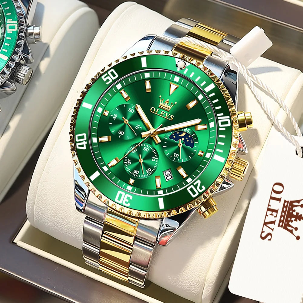 OLEVS Orologi da uomo Orologio di lusso delle migliori marche da uomo Cronografo originale impermeabile in acciaio inossidabile Fasi lunari Data Quadrante Rota