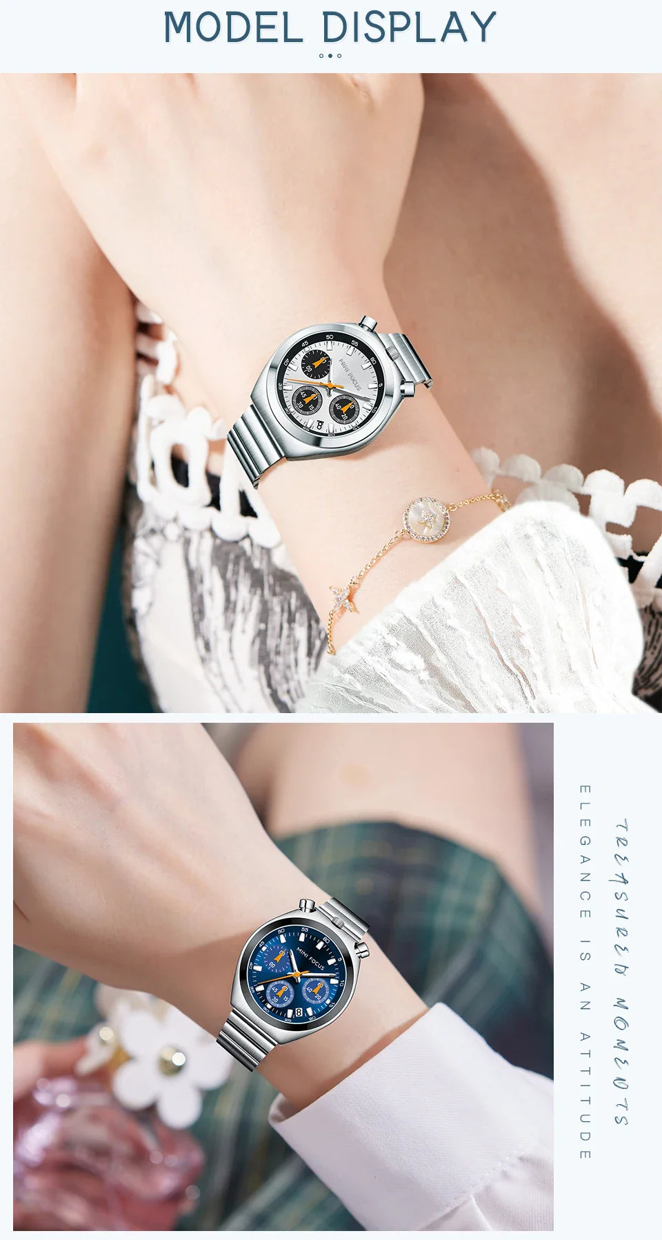 MINI FOCUS Orologio al quarzo verde argento per donna Orologio da polso cronografo con cinturino in acciaio inossidabile moda con lancette luminose Data 0491