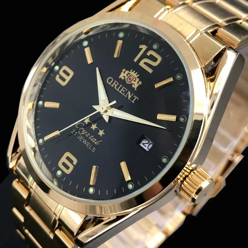 Orient Double Lion Classic Watch Series Orologio da uomo con cinturino in acciaio inossidabile Tourbillon meccanico automatico multifunzione di lusso