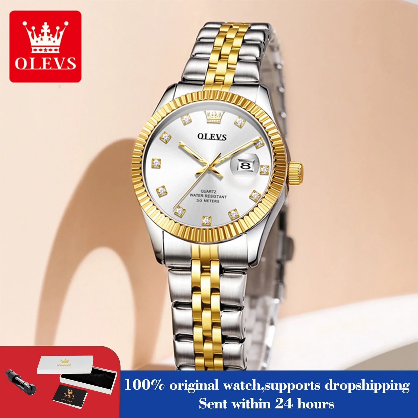 OLEVS 3705 Orologio da donna 30M Orologio al quarzo con data impermeabile per donna Orologio da donna di lusso con scala di diamanti a specchio ad alta durezza