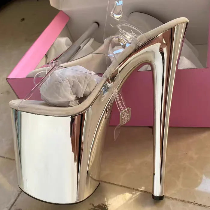 Glossy electroplated Cross dressing 8 inches high heel Stripper 20cm sandals  Clear Exotic Sexy platform pole Dance Sexy womens