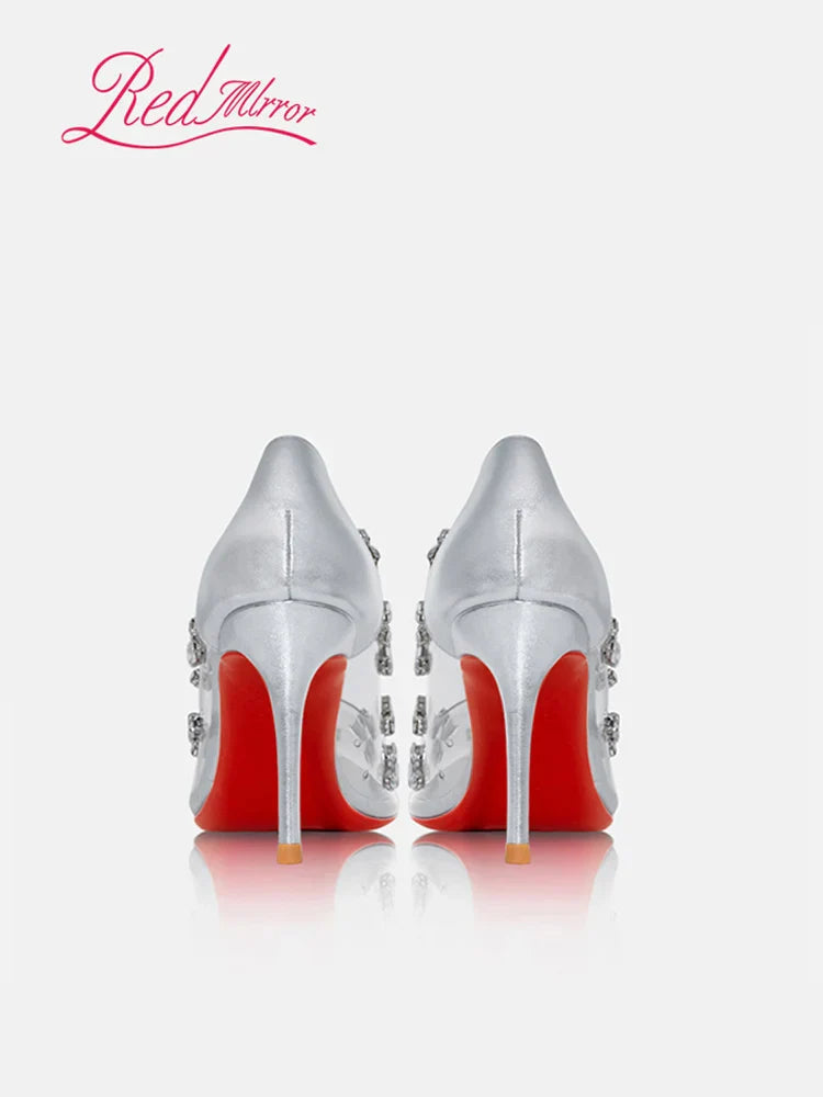 Red sole transparent pointed head sexy female stiletto high heels wedding shoes silver rhinestone crystal fairy style new 2024