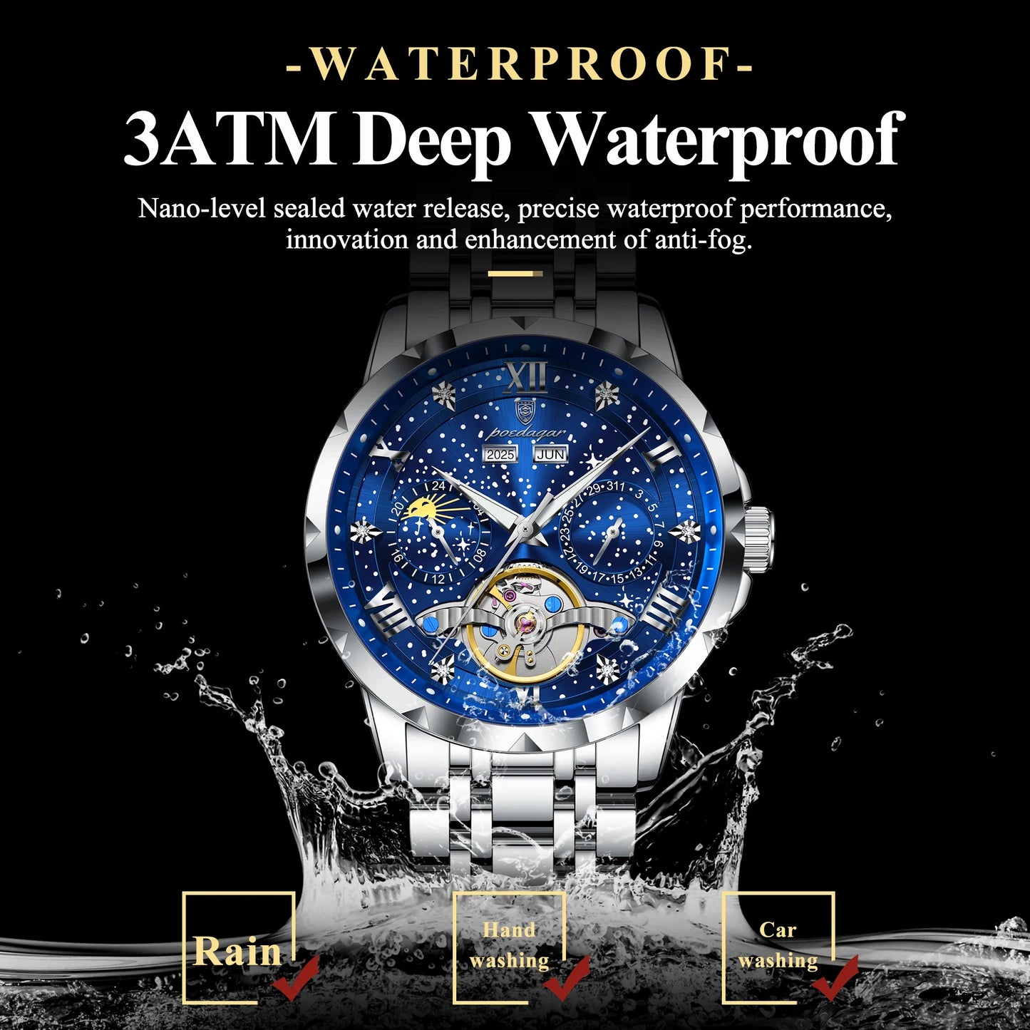 POEDAGAR Top Orologio da uomo originale Orologio meccanico automatico da uomo in acciaio inossidabile Calendario Hollow Tourbillon Orologio da uomo Maschio + scatola