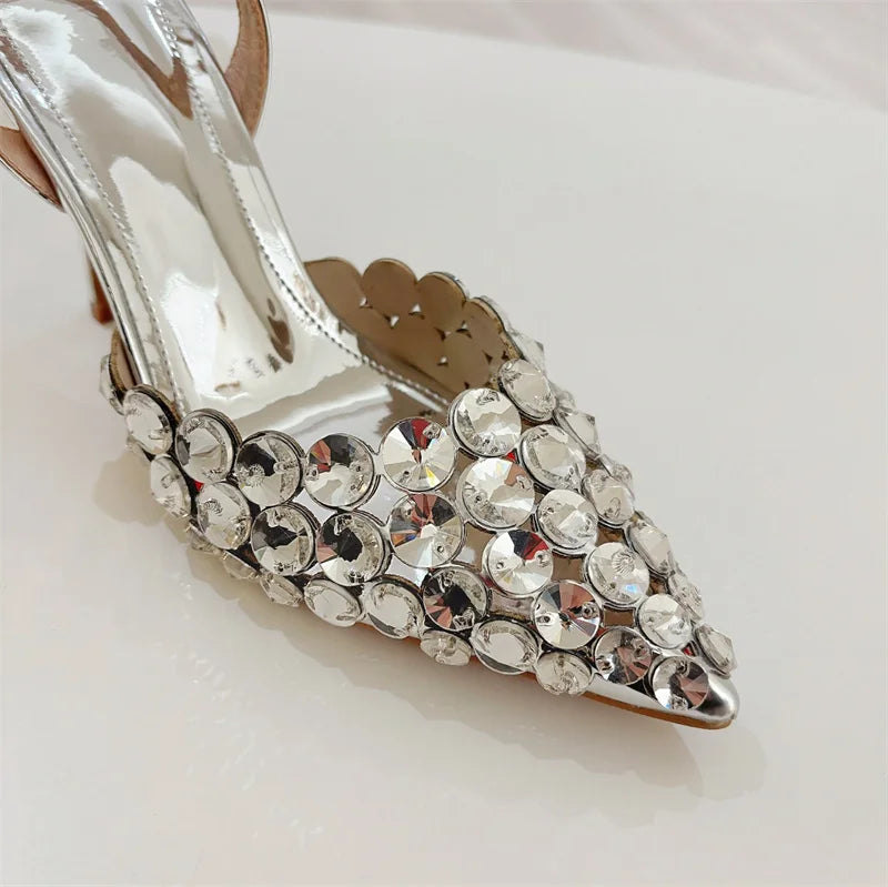 Hlieny Hollow Out Patent Leather Women Pumps Fashion Crystal Diamonds Pointed Toe Gold Silver High Heels Shoes Stiletto Sandals