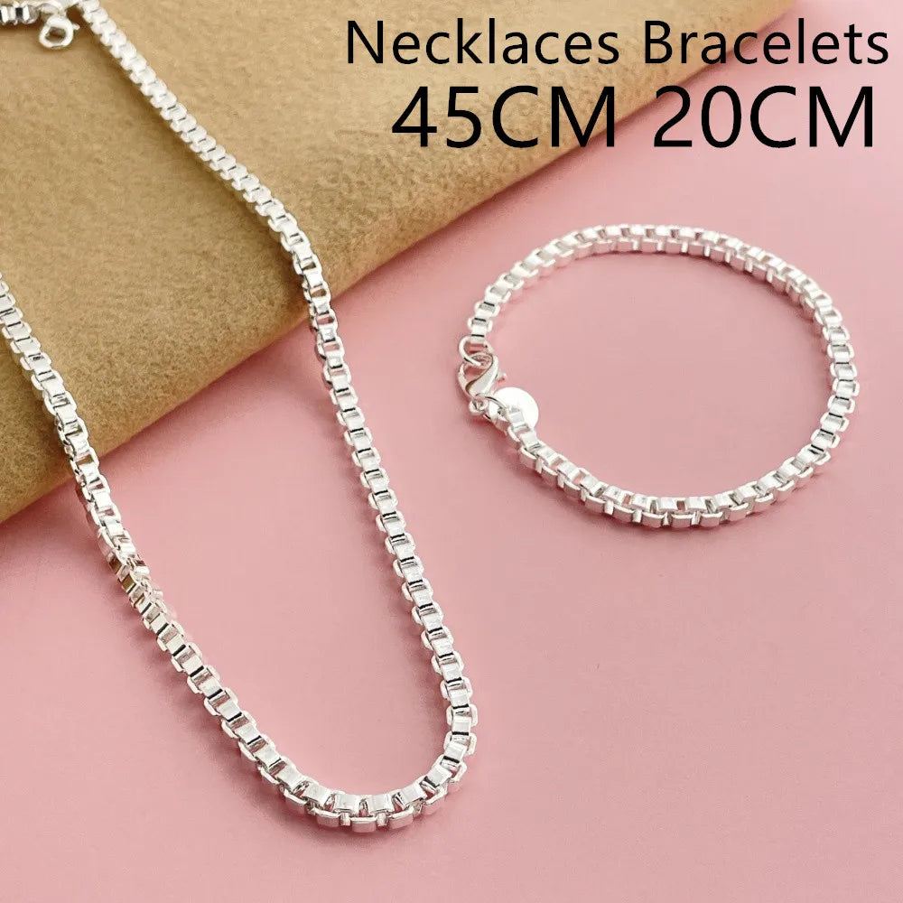 Andara Set di collana e bracciale a catena quadrata in argento sterling 925 da 4 mm per gioielli da festa per uomini e donne