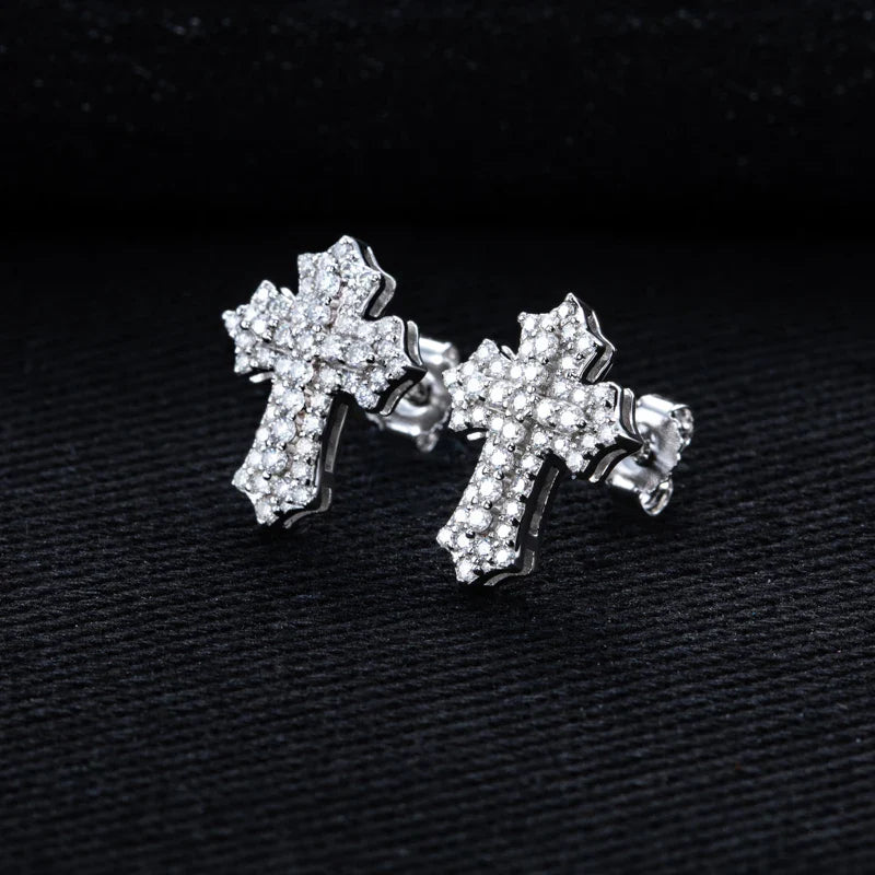 MossanRappr 0.78cttw Moissanite Iced out Croce Orecchini a bottone in argento sterling 925 D Colore Gioielli eleganti e alla moda per uomo