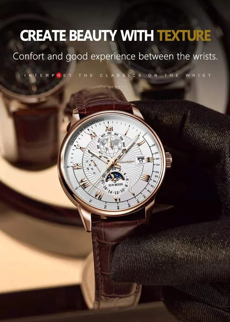 Orologio da uomo di lusso cronografo impermeabile modello fasi lunari orologio da polso da uomo luminoso in pelle orologi al quarzo da uomo orologio Casual