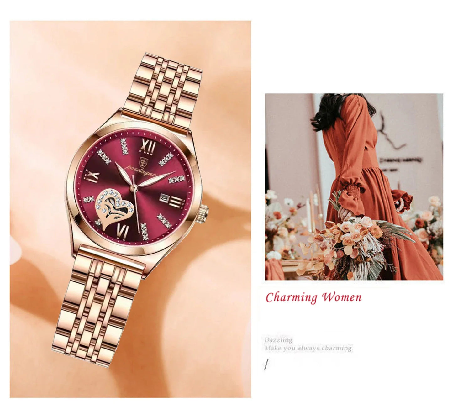POEDAGAR Orologi di lusso da donna Orologio da donna impermeabile con data luminosa in acciaio inossidabile Orologio da polso da donna al quarzo alla moda elegante
