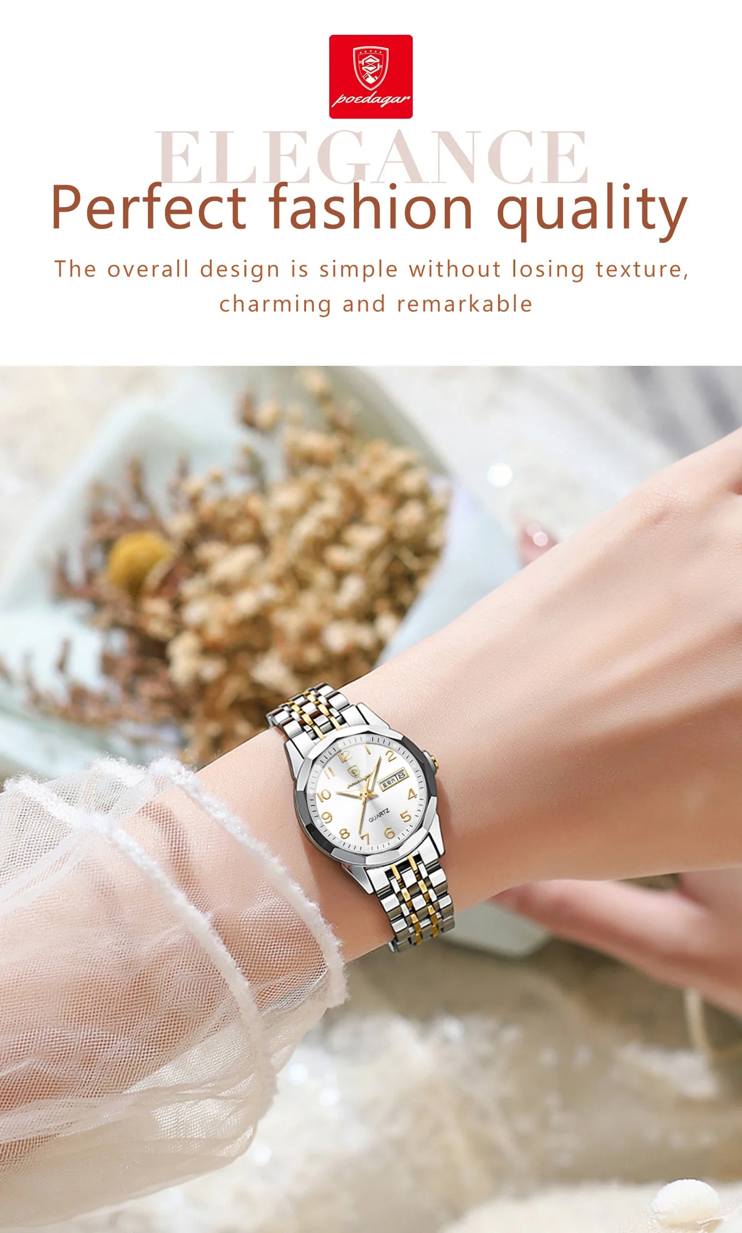 POEDAGAR elegante orologio da polso da donna al quarzo impermeabile luminoso data settimana orologio da donna orologi da donna casual in acciaio inossidabile reloj