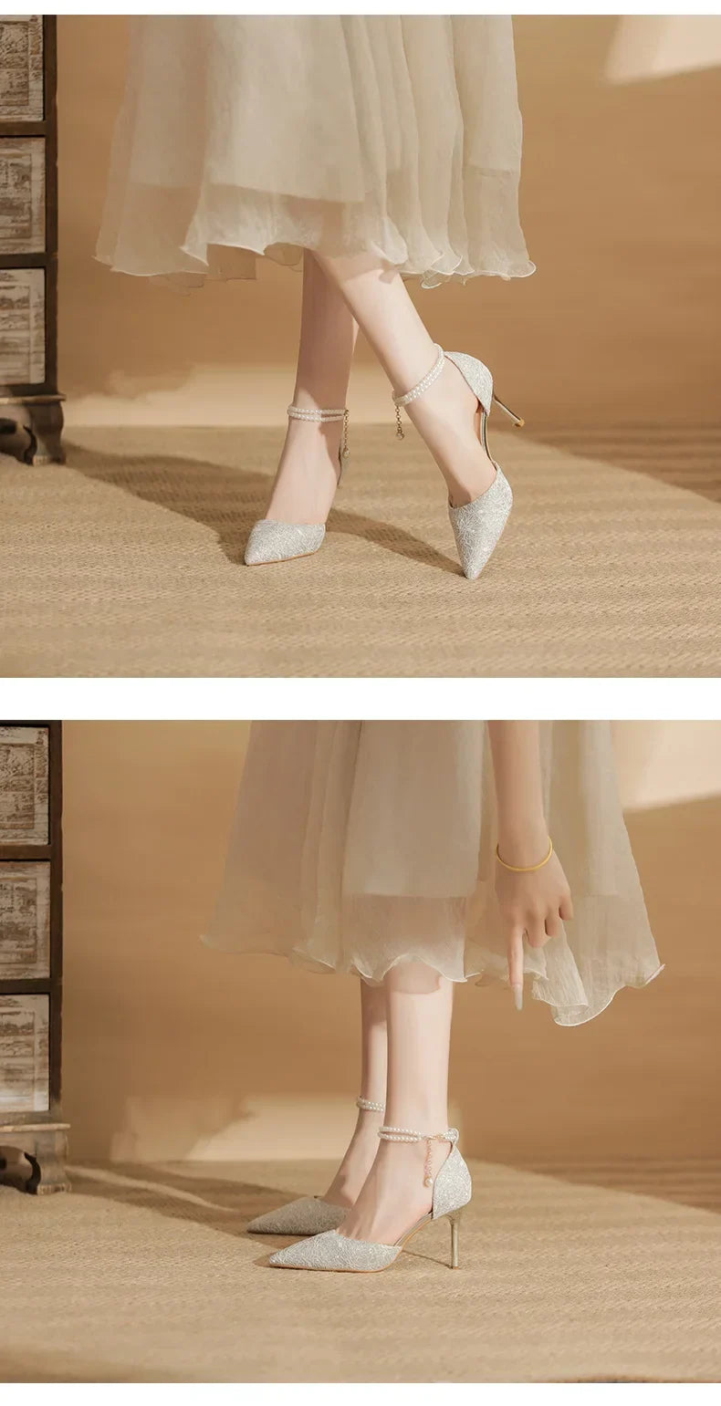 Size 31-43 Women High Heels Stiletto Heel Summer Lace Mesh Sweet Gold Silver Wedding Shoes