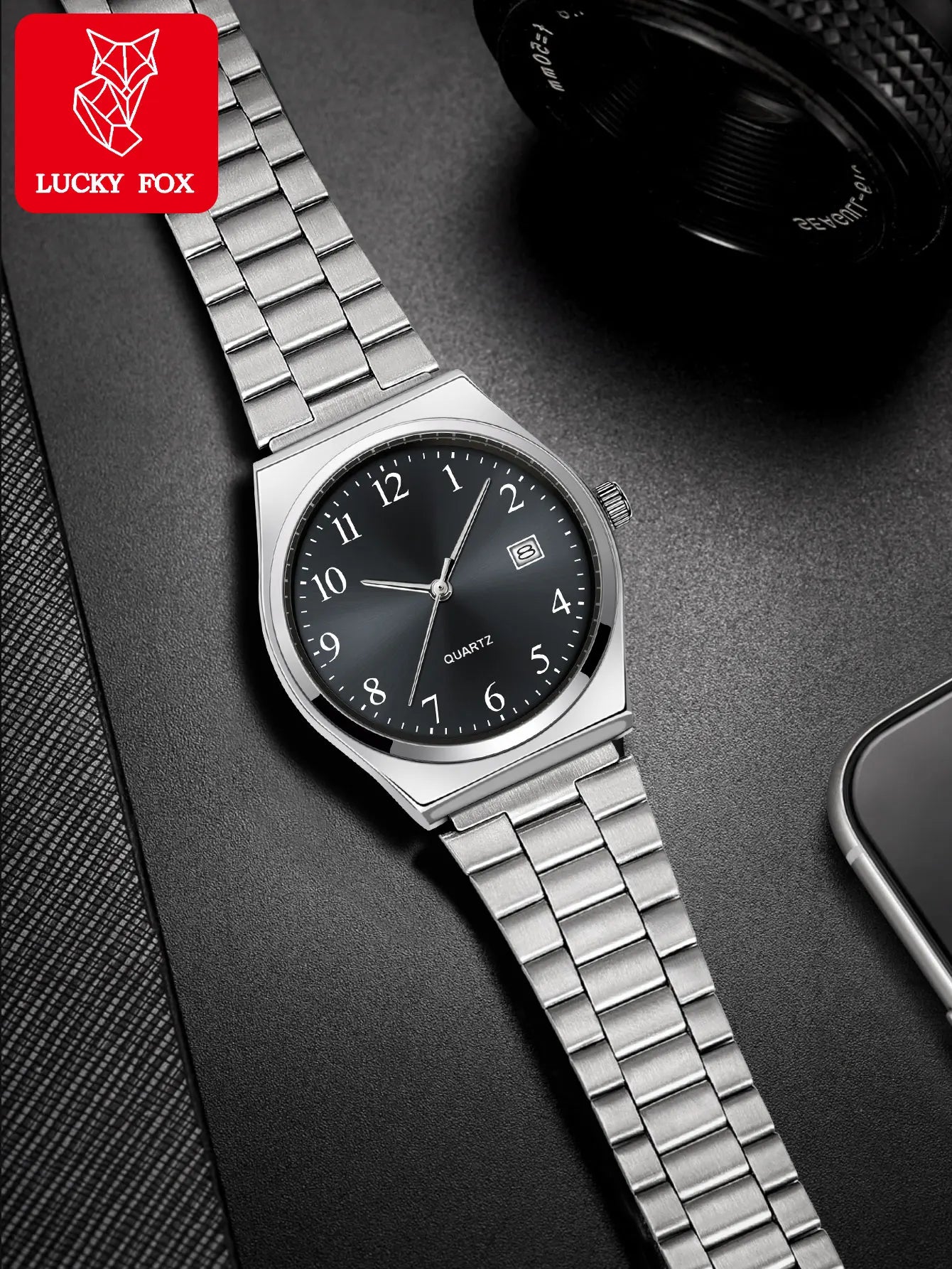 LUCKY FOX - Orologio da polso elegante e minimalista in acciaio inossidabile con quadrante nero - Cronometraggio preciso per tutti i giorni