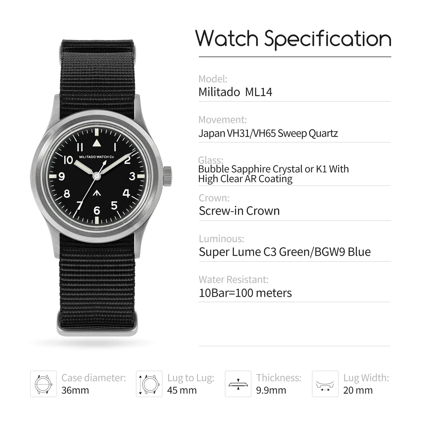 Militado ML14 36mm Orologio VH31 Sweep Secondo Movimento al quarzo Orologio Cristallo di zaffiro Super luminoso BGW9 C3 100m Orologi impermeabili