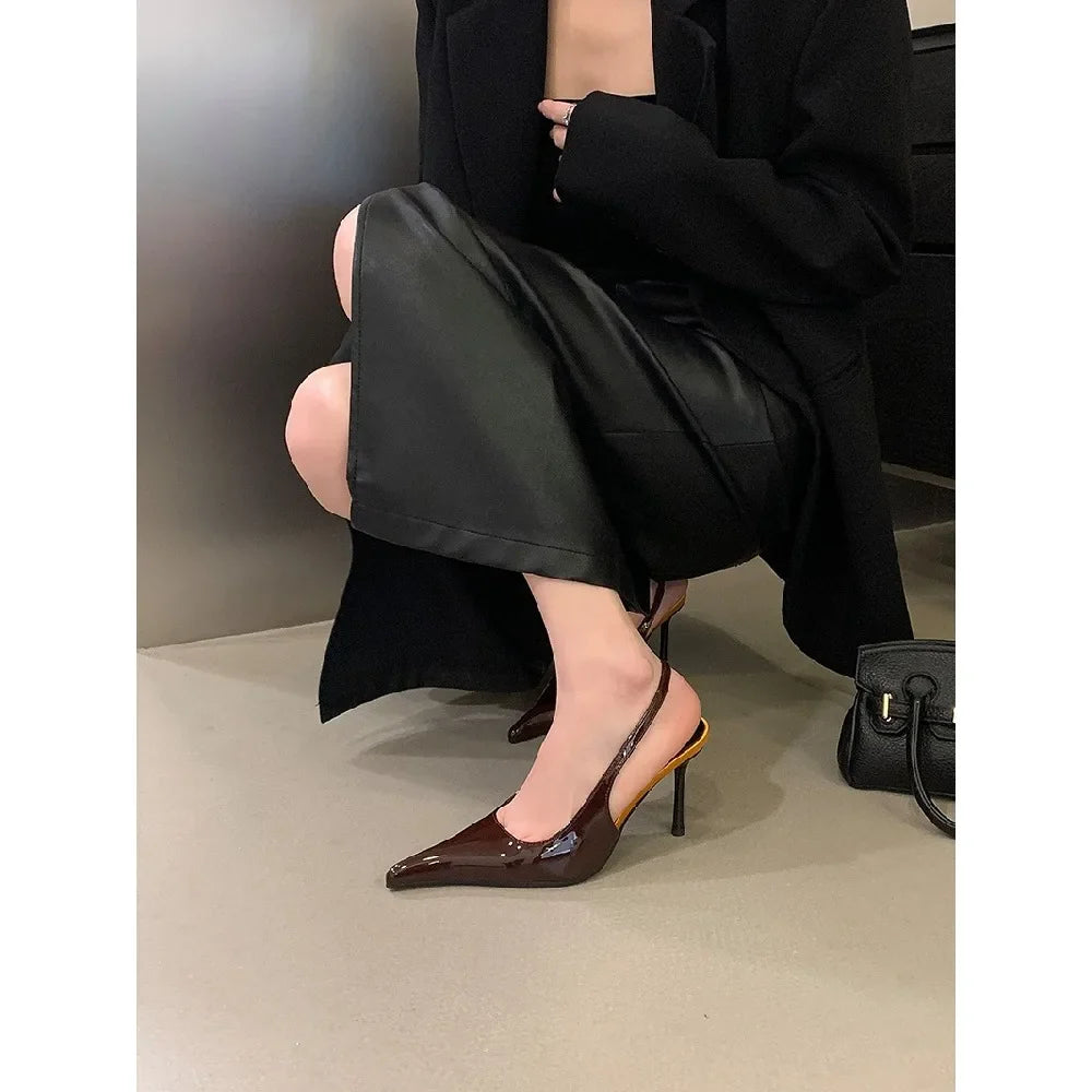 Eilyken Spring Fashion Sexy Thin Heels Pointed Toe Pumps Women Mule Shoes Elegant Patent Leather Banquet Striptease Sandals