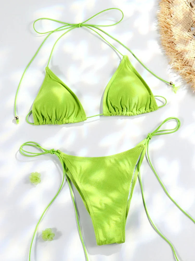 Set Bikini Triangolo Sexy Micro Thong, Costume da Bagno Donna, Biquini con Lacci, Abbigliamento da Spiaggia Stampato, Bikini Thong