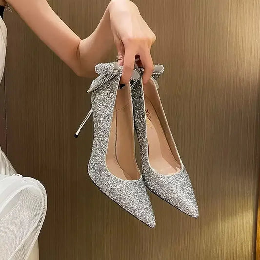 Shoes for Woman 2025 Silver Women's heeled Summer Footwear Wedding Bride Shoe Rhinestone Pointed Toe Super High Heel Diamond