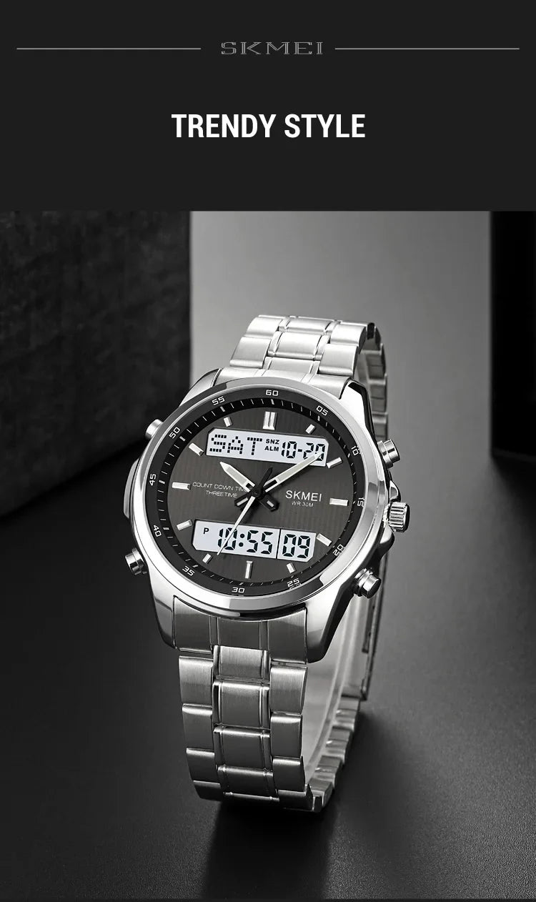 Skmei orologio da polso analogico al quarzo da uomo cinturino in acciaio inossidabile di lusso Led impermeabile digitale sportivo sveglia a tre fusi orari