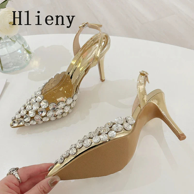 Hlieny Hollow Out Patent Leather Women Pumps Fashion Crystal Diamonds Pointed Toe Gold Silver High Heels Shoes Stiletto Sandals