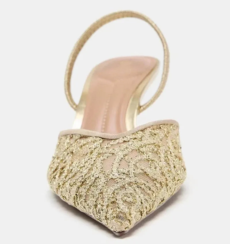 Gold Mesh Embroidered Floral Design Mules Sandals Women Sexy Pointed-Toe Back Strap High Heels for Ladies Elegant Party Shoes