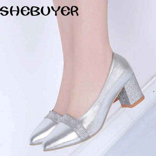 Spring Summer Sexy Fashion Women Med Heels Shoes Woman Slip on Pointed Toe Pumps Shoes Ladies Gold Silver Bling Shoes Size 35-41
