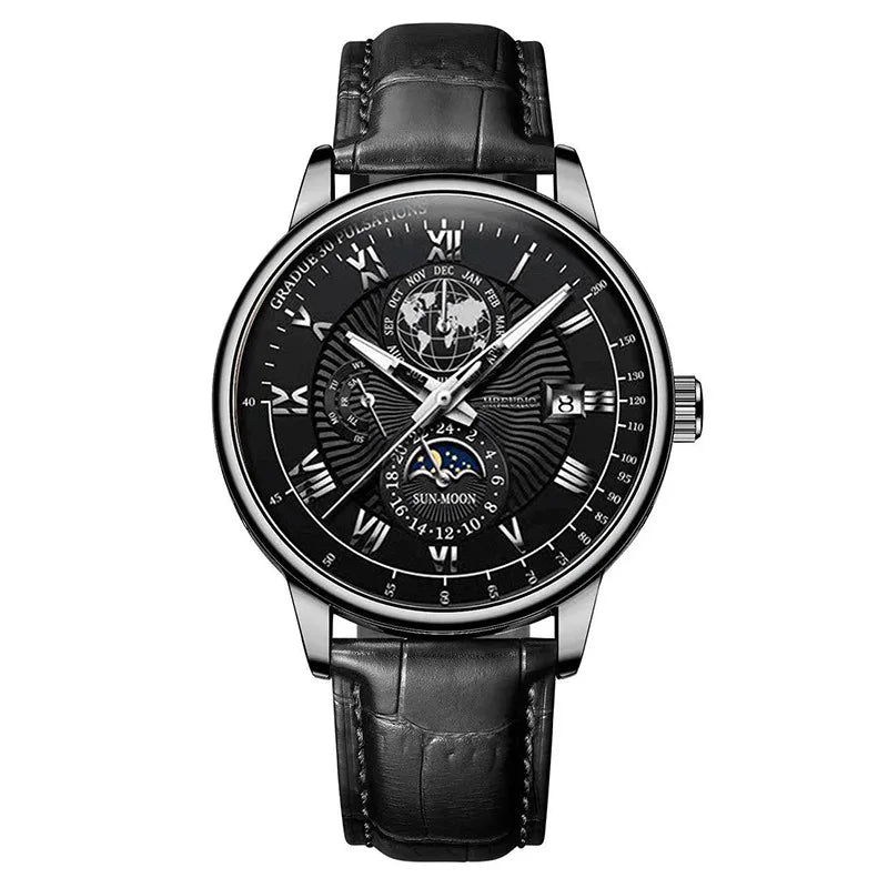 Orologio da uomo di lusso cronografo impermeabile modello fasi lunari orologio da polso da uomo luminoso in pelle orologi al quarzo da uomo orologio Casual