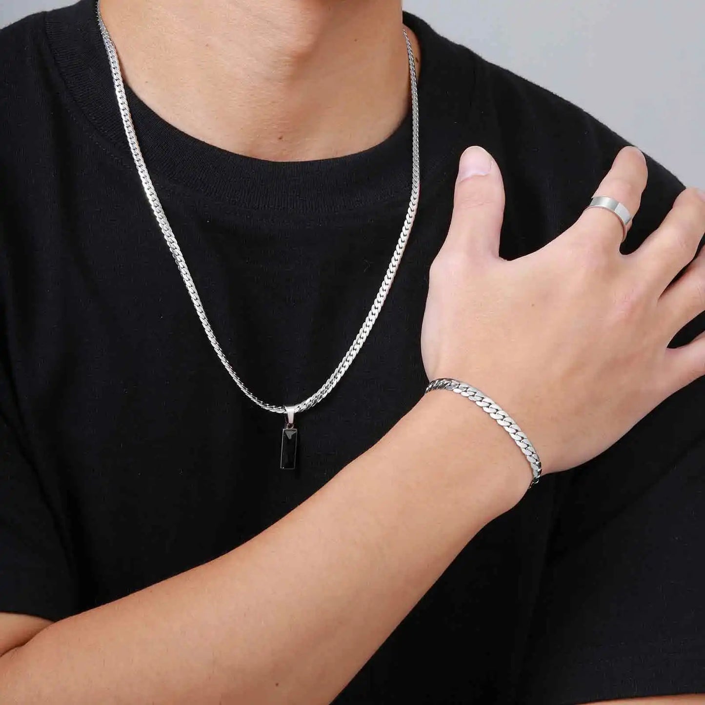 Elegante Set di Gioielli da Uomo con 3 Pezzi, Catena Cubana Piatta, Ciondolo Geometrico in Acciaio Inox con Pietra, Gioielli Hip Hop, Regalo per Lui