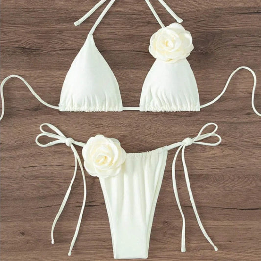 Costume da Bagno Bikini Sexy con Fiori 3D e Spalline Incrociate, Taglia S-L, Set Due Pezzi per Donna